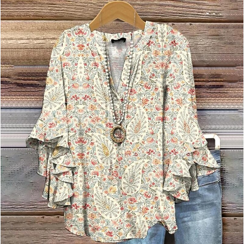 Women's Retro Blouse Layered Ruffle Sleeve Tops Vintage Floral Graphic Bohemia Vintage Daily 3/4 Length Sleeve Regular Tops Daily Holiday Vacation Wear Print Red Blue Beige Summer Spring Fall2