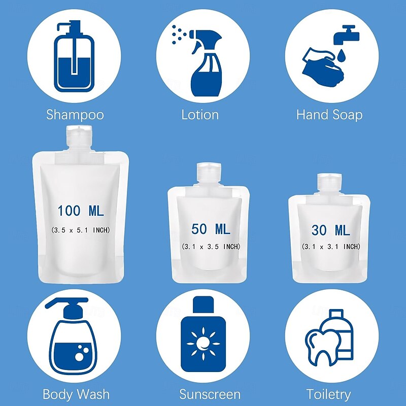 5PCS 30/50/100 ml Travel Pouches for Toiletries, TSA Approved, Refillable Empty Travel Size Containers, Small Squeeze Pouches Travel Bottles for Shampoo Conditioner Lotion Soap Liquids2