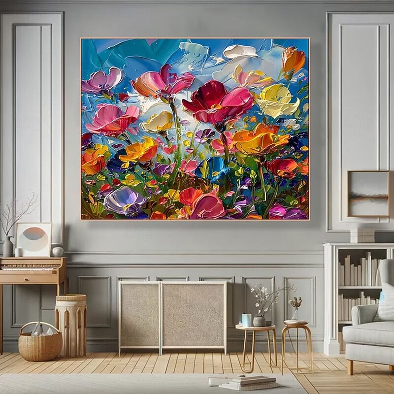 Colorful Floral Canvas Art handmade Vibrant Flower Oli Painting on Canvas hand painted Textured Acrylic Painting Impasto Cheerful Floral Art oil painting for Living Room Wall Art paintings4