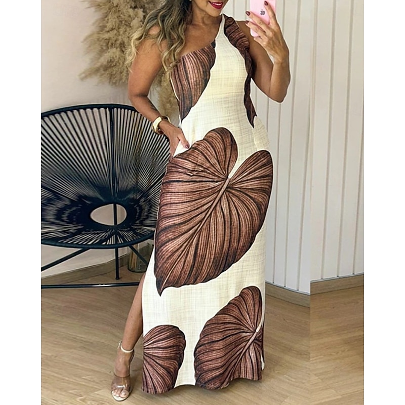 Women's Long Dress Maxi Dress Sheath Dress Summer Dress Elegant Holiday Date Regular Fit Leaf Sleeveless One Shoulder Red Brown Summer4