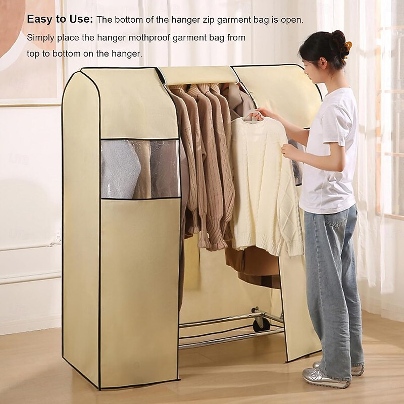 Garment Rack Cover for Clothes, Full Enclosed Non-Woven Dust Cover with Clear Window, Zippered Wardrobe Closet Organizer for Bedroom Hanging Clothes Rack4