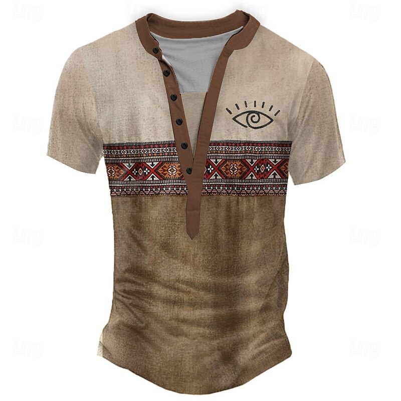 Men's Geometric Tribal T Shirt Henley Shirt Tee Short Sleeve Designer Basic Classic Outdoor Casual Daily Summer Gray Green Light Blue Khaki Henley Henley T-Shirt