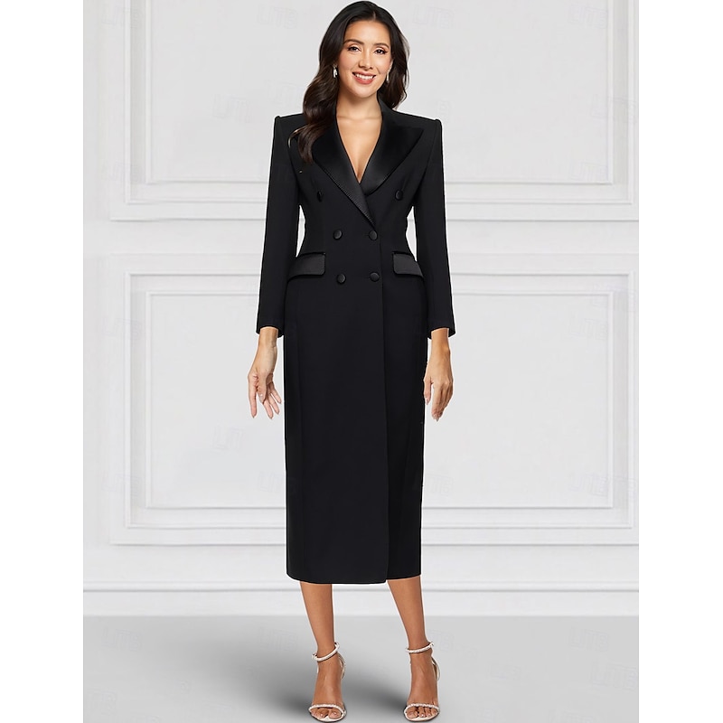 Tuxedo Dress Sheath / Column Wedding Guest Stretch Crepe Elegant Simple 3/4 Sleeve Pleated Tea Length Peak Lapel