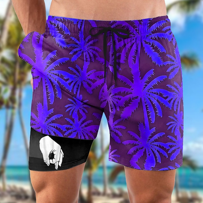 Men's Coconut Tree Funny gestures Lined Shorts 2 in 1 Board Shorts Swim Shorts Mid Waist Hawaiian Vacation Beach Wear Side Pockets With Compression Liner Elastic Drawstring Waist Designer Clothing4
