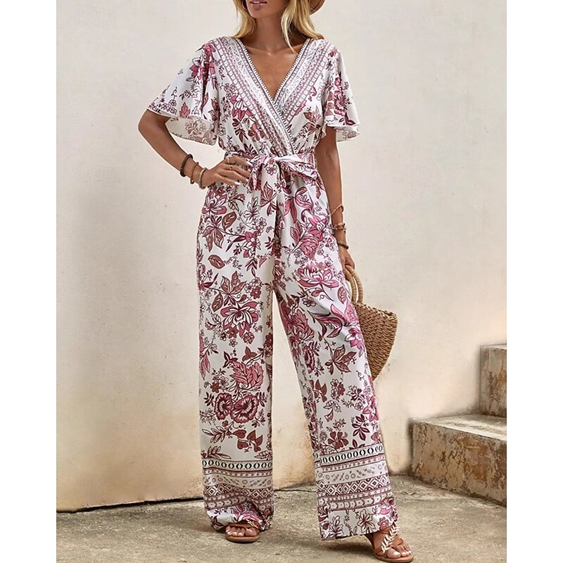 Women's Normal Jumpsuit Streetwear Floral Short Sleeve Straight V Neck Print Street Daily Regular Fit Pink Summer