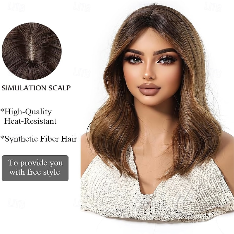Ombre Brown Wig for Women with Curtain Bangs Medium Length Natural Curly Synthetic Hair Heat Resistant Wigs for Daily Party Cosplay Wear4