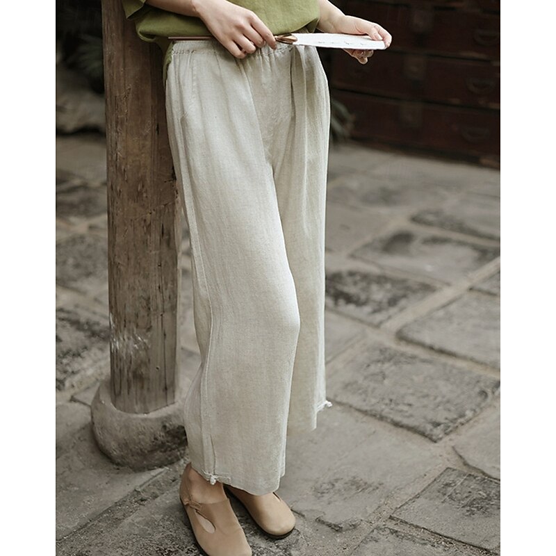 Women's Wide Leg Cotton Linen Pants Pants Trousers Vacation Fashion Ankle-Length Mid Waist Plain Elastic Waist Breathable Comfortable Micro-elastic Street Daily Wear Going out Black Beige Summer