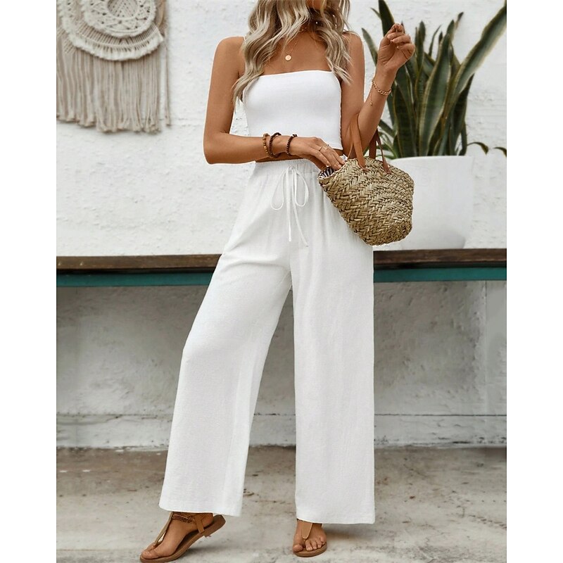 Women's Wide Leg Cotton Linen Pants Pants Trousers Fashion Streetwear Comfort Full Length Mid Waist Plain Pocket Elastic Waist Comfy Comfortable Street Daily Wear Going out White Summer Spring