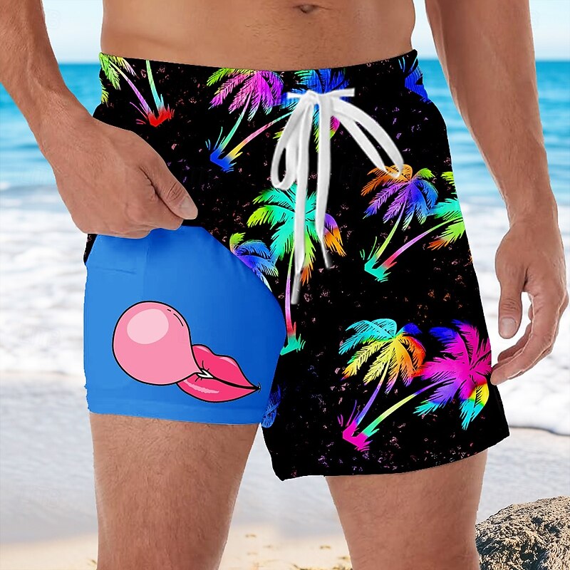 Men's Coconut Tree Tropical Plants Bubble Gum Lined Shorts 2 in 1 Board Shorts Swim Shorts Mid Waist Hawaiian Vacation Side Pockets With Compression Liner Elastic Drawstring Waist Designer Clothing2