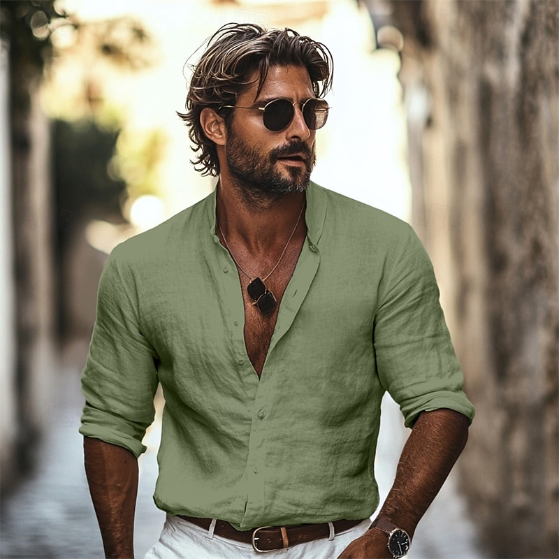 Men's Shirt Band Collar Shirt Summer Shirt Beach Wear Casual Shirt Button Up Shirt Plain Vacation Daily Wear Black White Sky Blue Green Long Sleeve Collar Summer Clothing Apparel