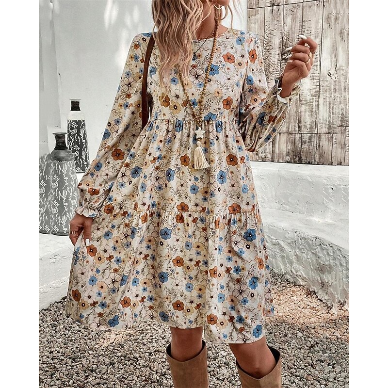 Women's Mini Dress Casual Dress Floral Dress Summer Dress Elegant Fashion Lantern Sleeve Outdoor Holiday Date Regular Fit Flower Sleeveless Crew Neck Apricot Summer Spring4