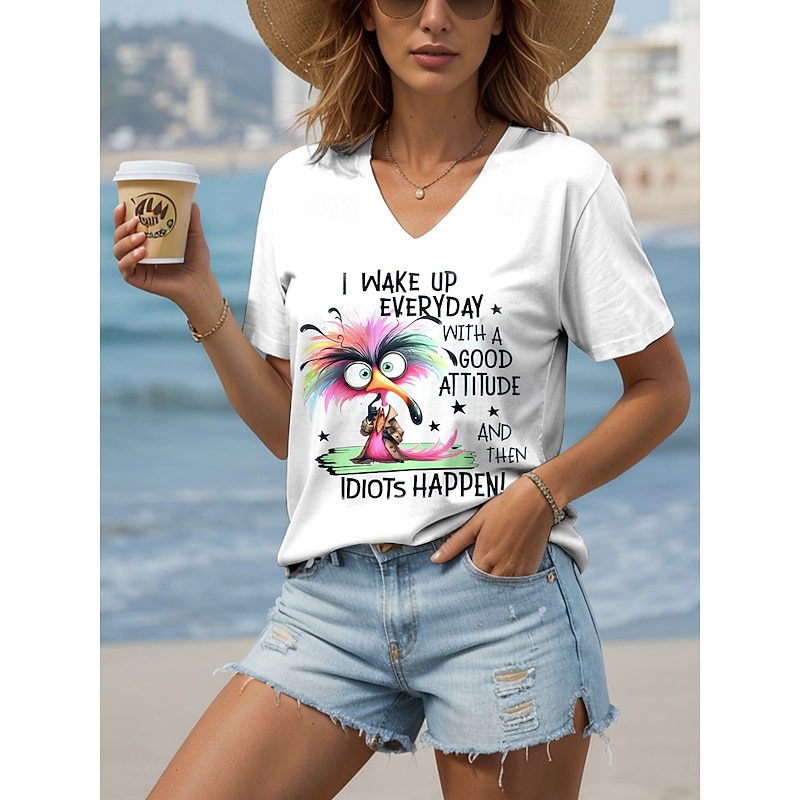 Women's T Shirt Graphic Animal Letter Vintage Stylish Ethnic Short Sleeve V Neck Regular Tops Daily Going out Beach Wear Print White Sky Blue Violet Summer Spring