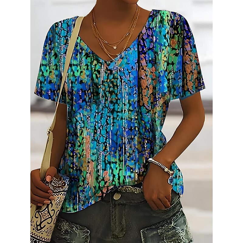 Women's T Shirt Graphic Abstract Stylish Casual Trendy Short Sleeve Crew Neck Regular Tops Daily Going out Weekend Print Red Purple Green Summer Spring