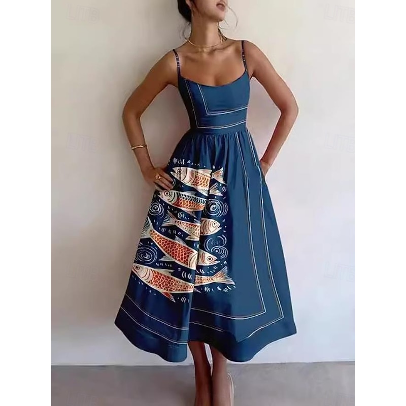 Women's Midi Dress Sheath Dress Vacation Casual Formal Party Graphic Animal Fish Sleeveless Spaghetti Strap White+Black Blue White White Red Summer Spring3