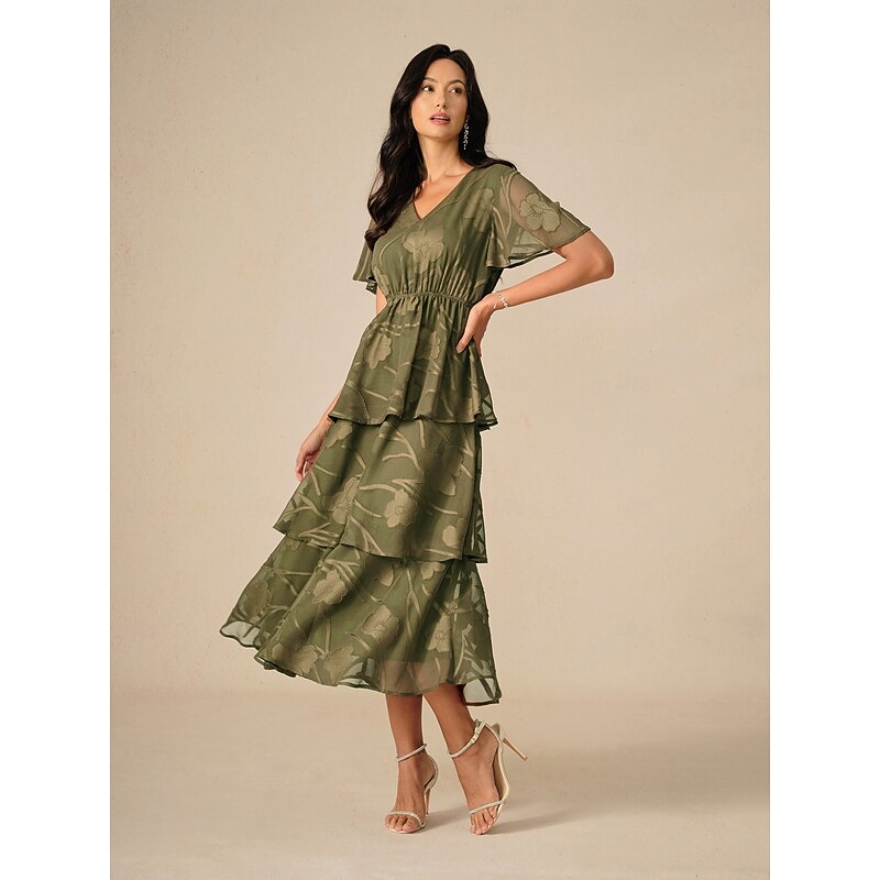 Women's Maxi Dress A Line Dress Elegant Formal Flutter Sleeve Wedding Guest Cocktail Party Regular Fit Plain Short Sleeve V Neck Olive Summer
