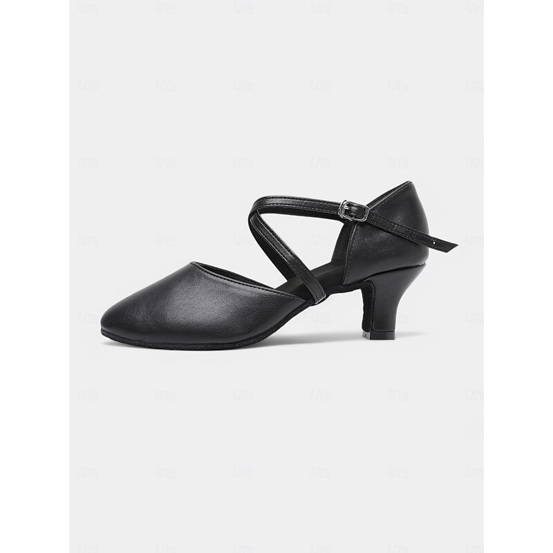 Women's Black Cross Strap Closed-Toe Latin Dance Shoes with Low Heels – Comfortable Performance Ballroom Shoes for Beginners and Social Dancers4