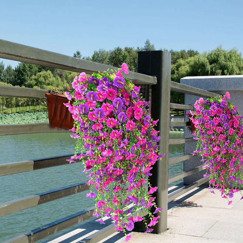 5pcs Artificial Hanging Morning Glory Flowers for Outdoors UV Resistant Faux Petunias Realistic Fake Silk Long Vines Morning Glory Eucalyptus for Outside Indoor Planter Porch Patio Home Decor Mix4