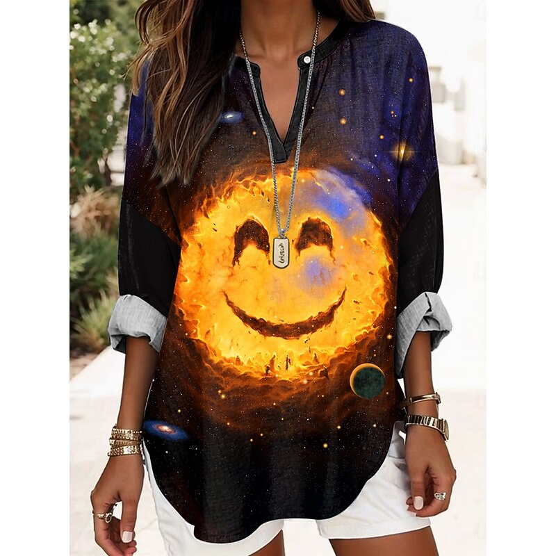Galaxy Smile By Vincent Hie Women's Blouse Tunic V Neck Long Sleeve Boho Casual Tops Graphic Geometric Vintage Daily Regular Tops Daily Print Yellow