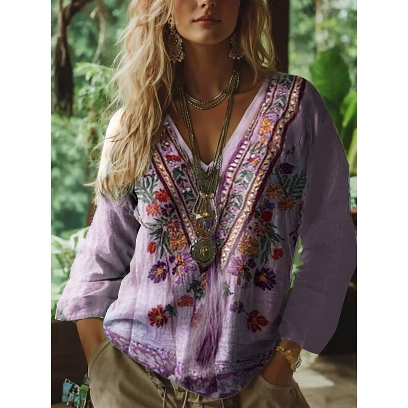 Women's Blouse Floral Graphic Paisley Bohemia Vintage Tropical 3/4 Length Sleeve V Neck Regular Tops Ruched Print Purple Green Summer Spring