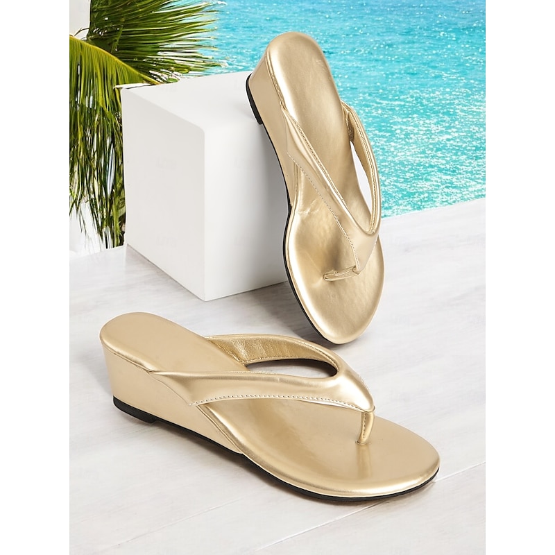 Women's Gold Wedge Flip Flop Sandals – Shiny Metallic Beach Slides for Summer Vacation, Travel, and Casual Wear