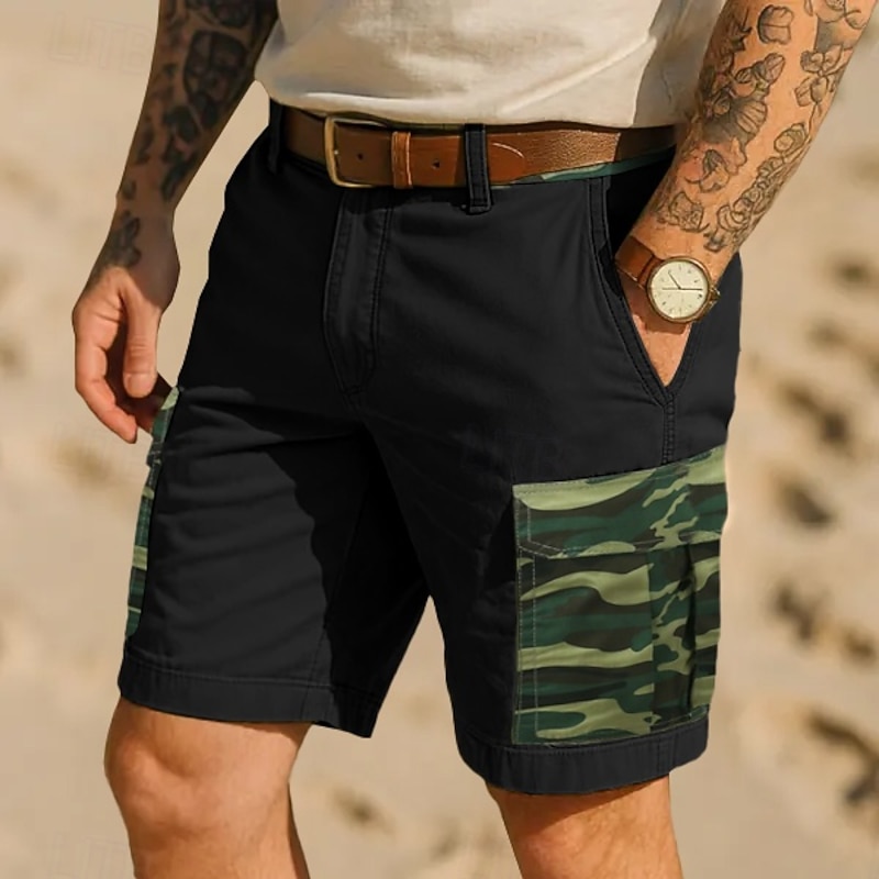 Men's Cargo Shorts Outdoor Shorts Camping Shorts Camo Shorts Hiking Shorts Elastic Waist Multi Pocket Plain Camouflage Moisture Wicking Wearable Knee Length Casual Daily Fashion Streetwear Black Green2