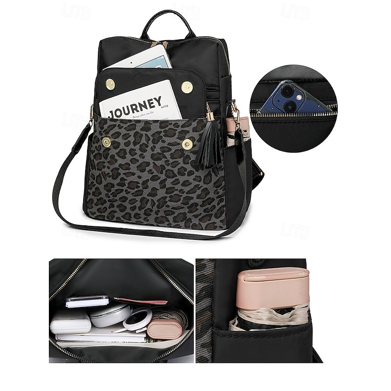 Women's leopard print fabric patchwork backpack, can be carried on one shoulder, with multiple zippers, perfect for school, travel and casual outings4