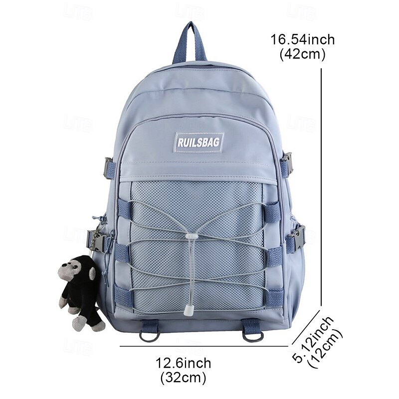 Unisex School Backpack with Monkey Keychain – Durable Red Travel Bookbag with Mesh Front Pocket and Bungee Cord for Teens and Students4