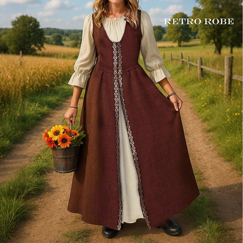 Retro Vintage Medieval Renaissance Maxi Dress Viking Irish Cottagecore Color Block Fancy Dress Girls' Celtic Halloween Carnival Halloween LARP Ren Faire Kid's Dress