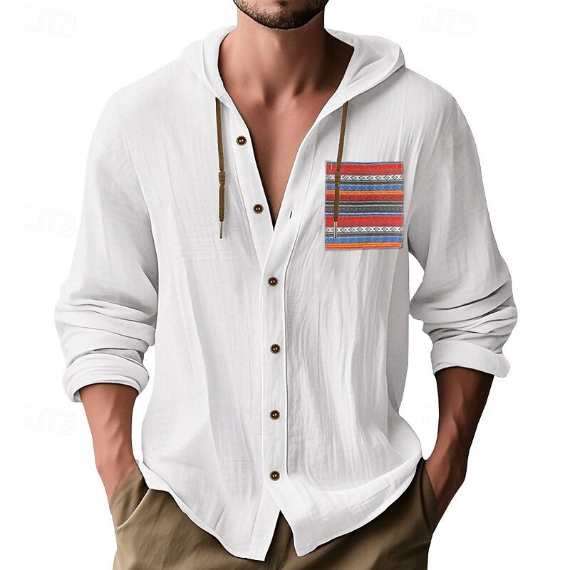 Men's Shirt Linen Shirt Summer Shirt Beach Shirt Button Up Shirt Hooded Shirt Plain Vacation Daily Wear Black White Sky Blue Khaki Long Sleeve Hooded Summer Clothing Apparel Patchwork2