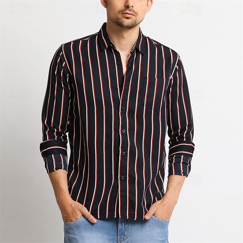 Men's Shirt Summer Shirt Casual Shirt Beach Shirt Button Up Shirt Black Red Brown Dark Blue Black+White Long Sleeve Stripes Lapel Vacation Hawaiian Pocket Clothing Apparel Polyester Fashion Casual3