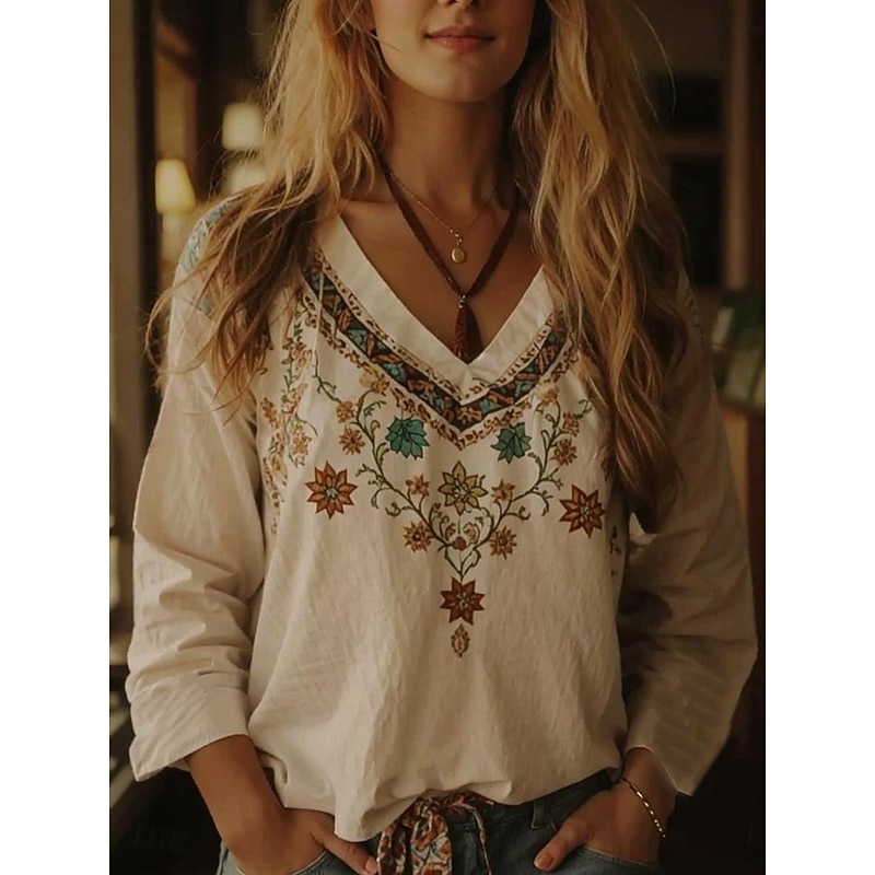 Women's Boho Blouse Floral Graphic Bohemia Vintage Tropical 3/4 Length Sleeve V Neck Regular Tops Beige Summer Spring