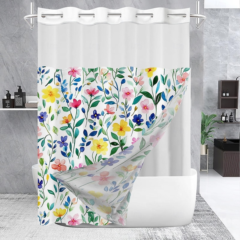 No Hook Shower Curtain 180cm*180cm(70"*70") with Snap-in Polyester Fabric Liner Sheer Top Window Waterproof Double Layer Bathtub Curtain Leaves Pattern3