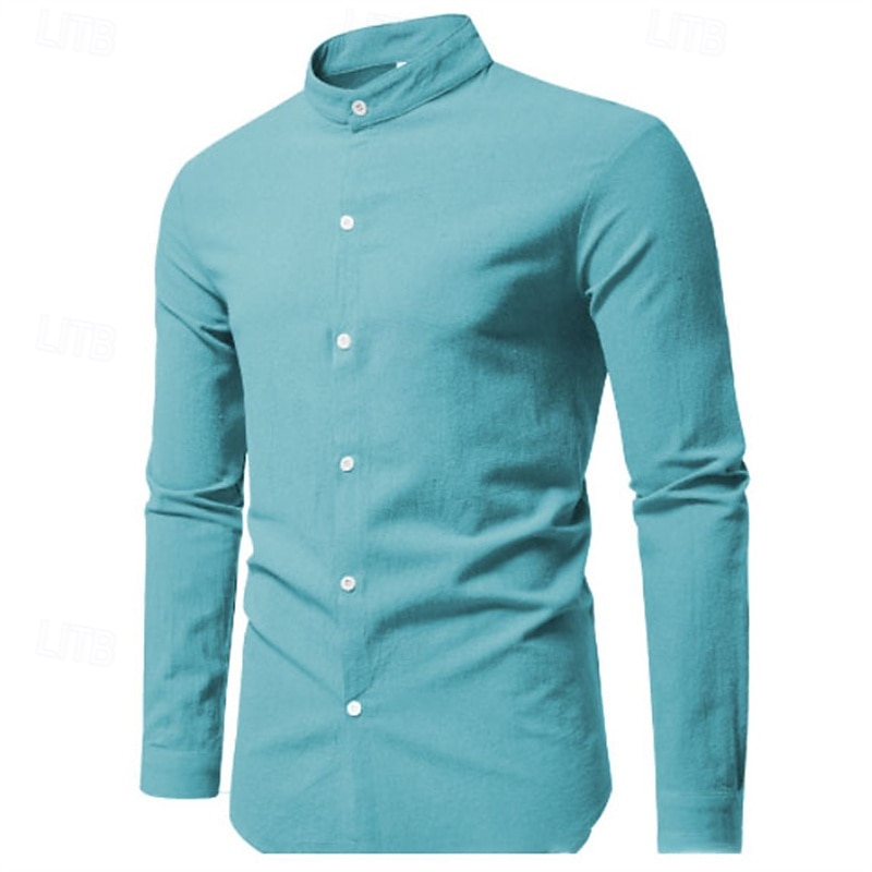 Men's Shirt Summer Shirt Casual Shirt Beach Shirt Button Up Shirt Black White Dark Navy Army Green Light Blue Long Sleeve Plain Grandad Collar Standing Collar Vacation Hawaiian Clothing Apparel