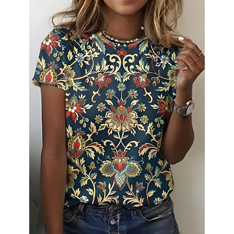 Women's T Shirt Graphic Paisley Vintage Stylish Casual Short Sleeve Crew Neck Regular Tops Daily Weekend Beach Wear Print Black+White+Red Black Pink Dark Green Brown Summer