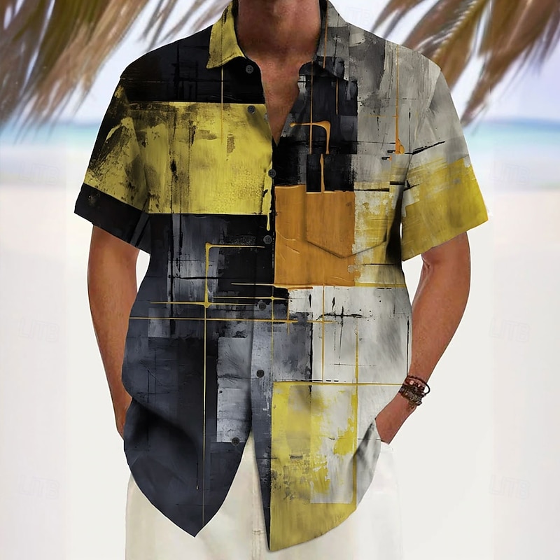Men's Geometric Color Block Patchwork Shirt Casual Shirt Button Up Shirt Short Sleeve Fashion Casual Vacation Dailywear Holiday Summer Spring Turndown 3D Print Collared Shirts Front One Pocket Yellow3