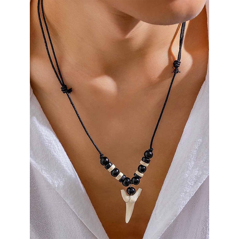 Men's Shark Tooth Pendant Necklace – Handmade Tribal Style Beaded Surfer Jewelry with Adjustable Rope Cord for Beach, Vacation & Casual Wear2