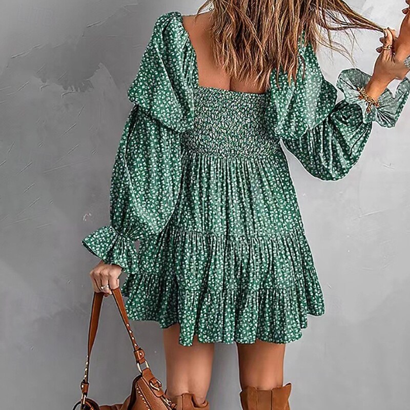 Women's Mini Dress Floral Dress Boho Dress Print Dress Western Dress Classic Modern Outdoor Vacation Holiday Regular Fit Flower Long Sleeve Off Shoulder Blue Brown Green Apricot Summer3