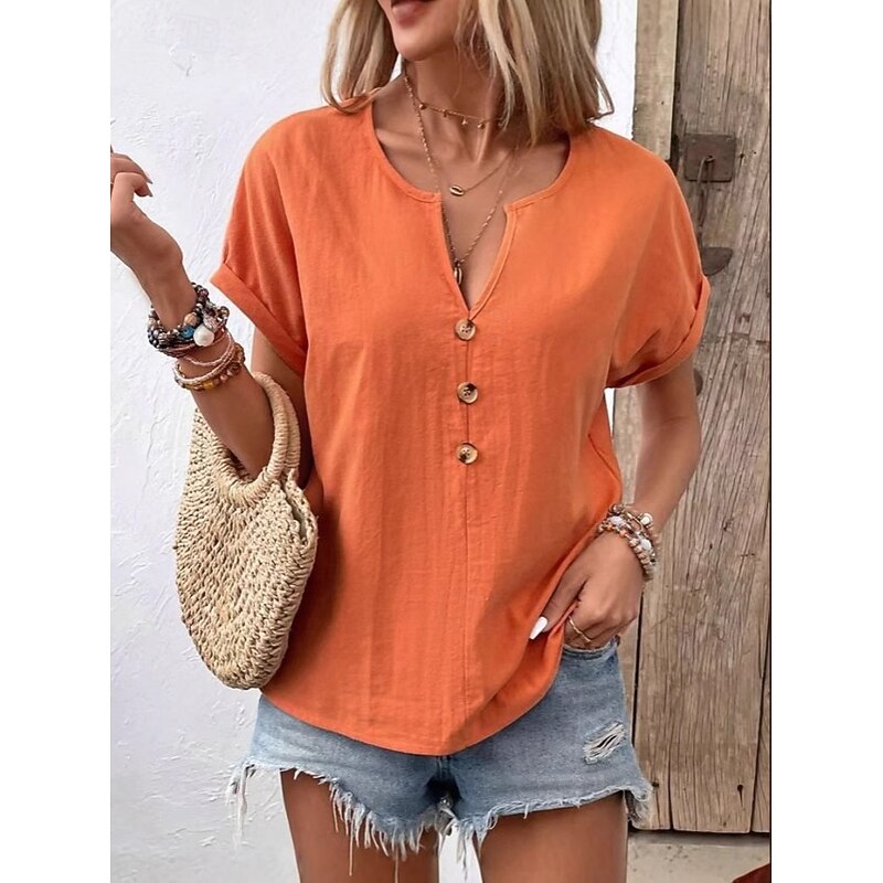 Women's Plus Size Summer Tops Solid Color Casual Short Sleeve V Neck Regular Tops Going out Weekend Buttons Black White Royal Blue Orange off-white Summer4