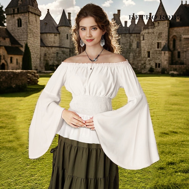 Set with Medieval Off Shoulder Blouse Lace Choker Necklace Bracelet Punk & Gothic Renaissance 19th Century 3 PCS Outfits Women's Off Shoulder Cosplay Costume  LARP Party