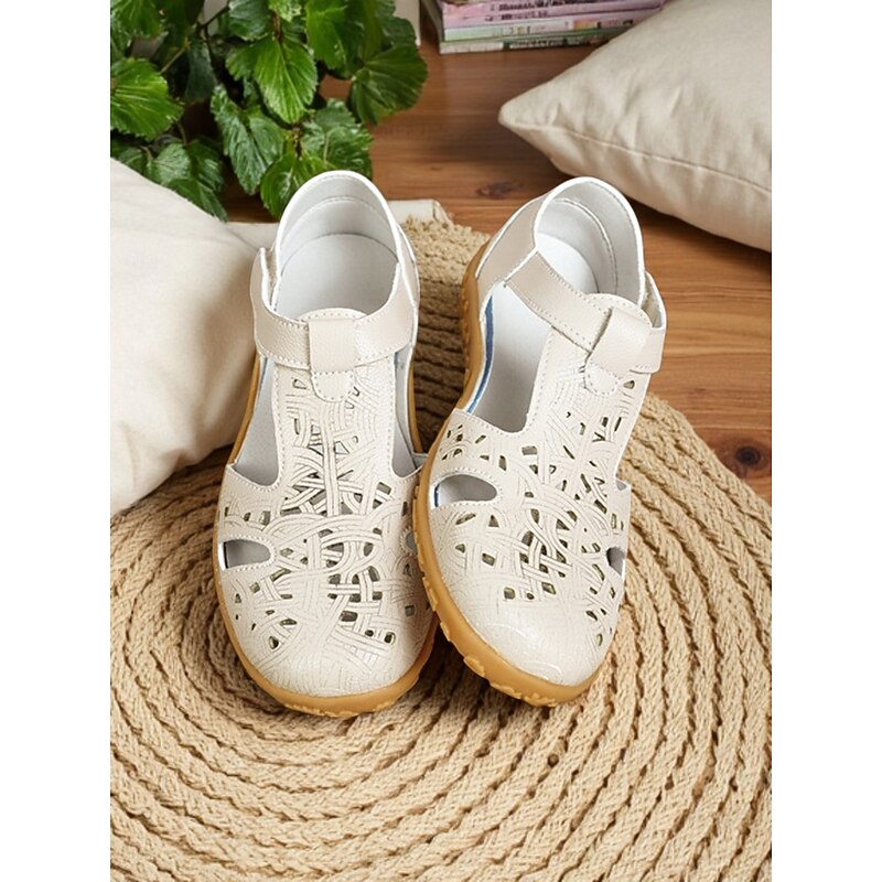 Women's Laser-Cut Faux Leather Comfort Sandals – Casual Magic Tape Shoes for Everyday Use4