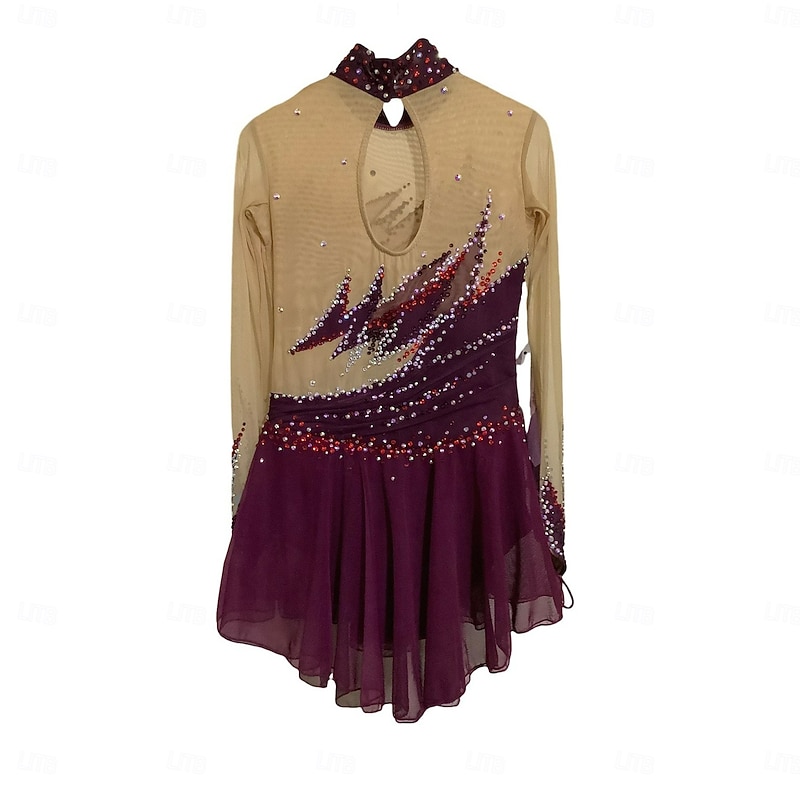 Figure Skating Dress Women's Girls' Ice Skating Dress Fuchsia Patchwork Thumbhole Mesh Spandex Stretchy Training Practice Professional Skating Wear Thermal Warm Classic Crystal / Rhinestone Long2
