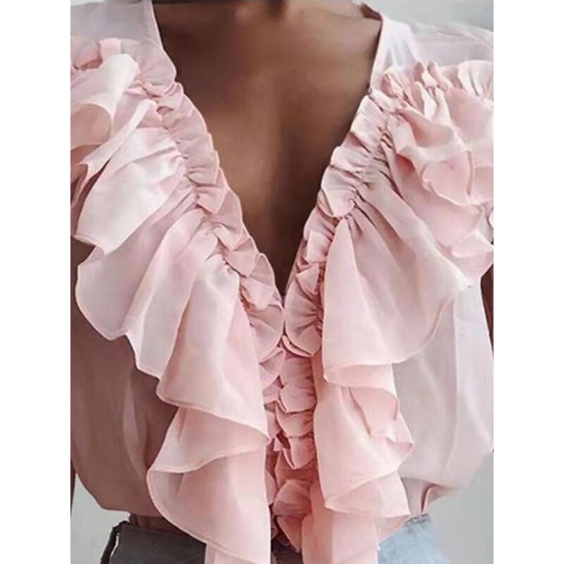 Women's Shirt Button Down Blouse Solid Color Floral Plain Stylish Casual Long Sleeve V Neck Regular Tops Daily Ruffle Black White Pink Blue Summer Spring3