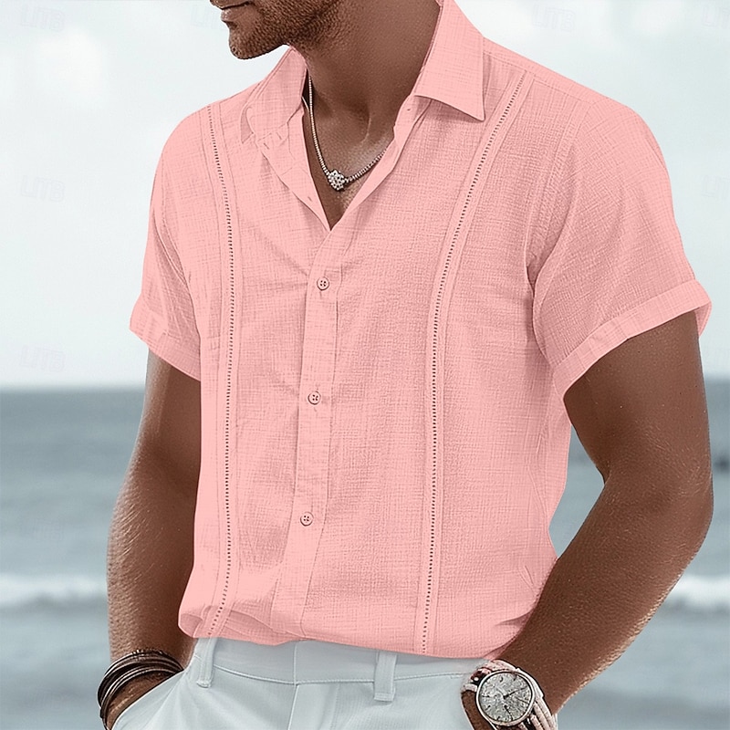 Men's Shirt Linen Shirt Guayabera Shirt Summer Shirt Beach Shirt Summer Hawaiian Shirt Solid Color Vacation Street White Pink Light Blue Short Sleeve Collar Summer Spring & Summer Clothing Apparel