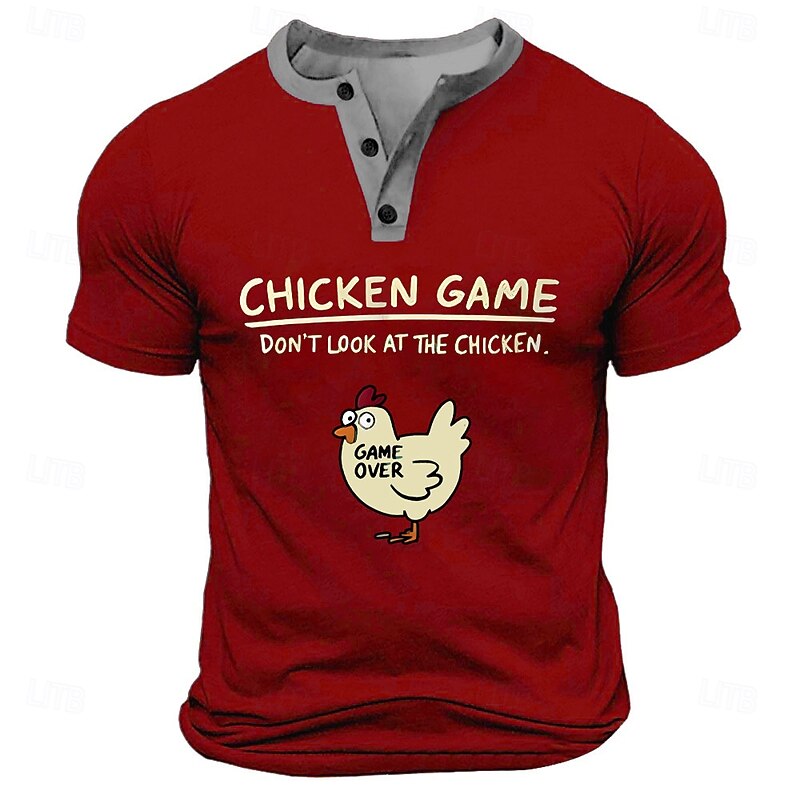 Men's Short Sleeve Henley T-Shirt Funny Chicken Game Don't Look At The Chicken Graphic Tee