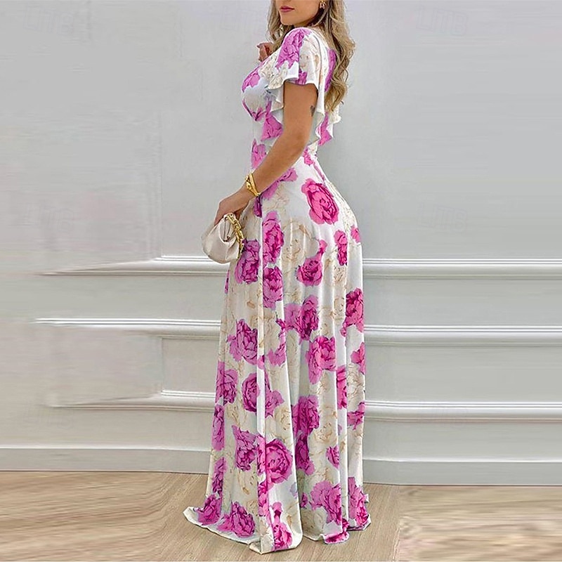 Women's Long Dress Maxi Dress Cocktail Dress Floral Dress Print Dress Fashion Modern Outdoor Vacation Holiday Regular Fit Flower Short Sleeve V Neck Blue Orange Rose Red Summer2