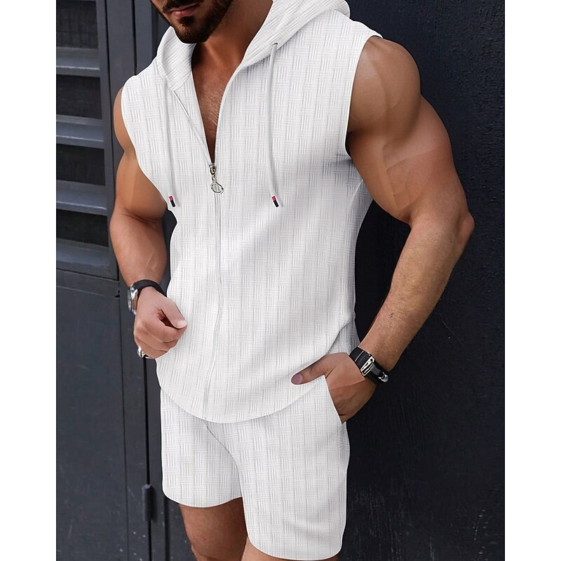 Men's T-shirt Suits 2 Pieces Outfits Tee & Shorts Sleeveless Hooded Summer Plain Fashion Casual 2 Piece Vacation Daily Wear Going out Black Pink White Top Tee for Men3