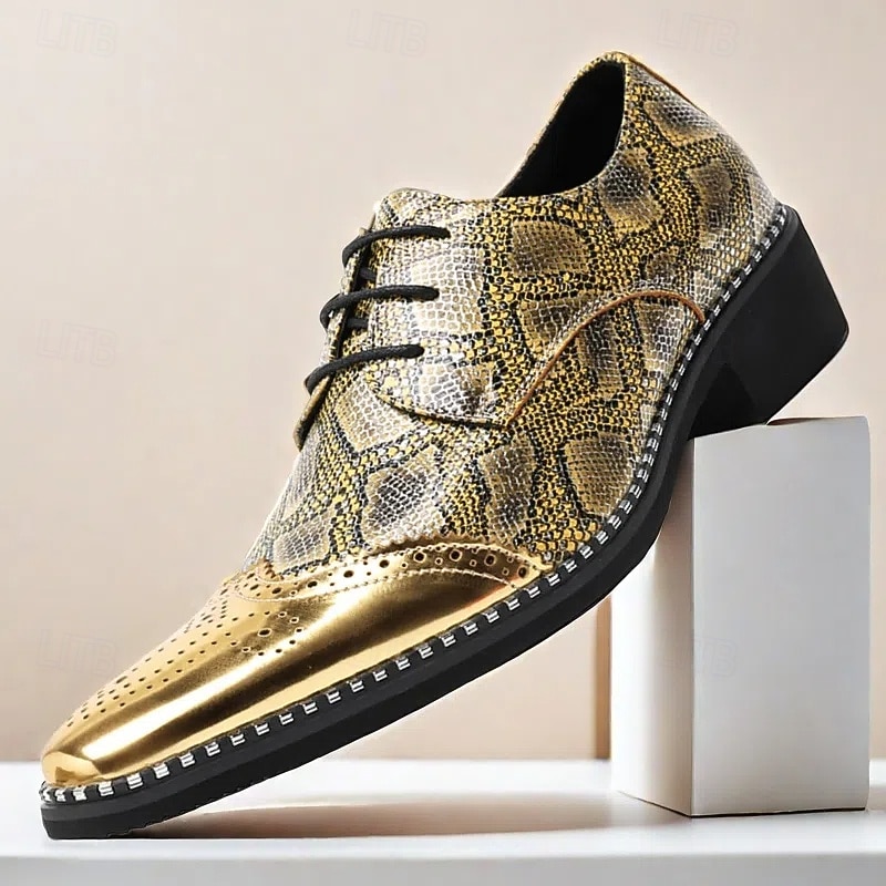 Men's Dress Shoes - Gold and Black Python Pattern with Rhinestone Detailing for Dance Parties and Special Events