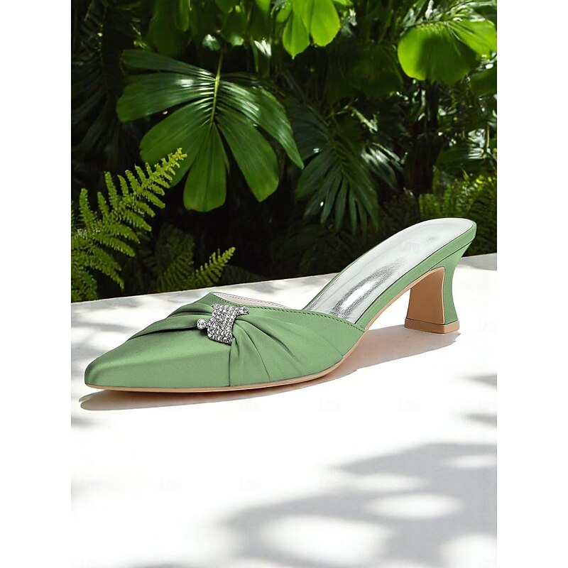 Women's Gold Satin Bow-Embellished Kitten Heel Mules – Elegant Pointed-Toe Slip-On Shoes for Evening & Date Night