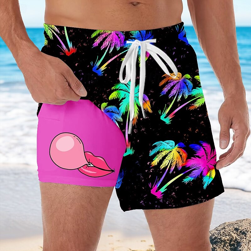 Men's Coconut Tree Tropical Plants Bubble Gum Lined Shorts 2 in 1 Board Shorts Swim Shorts Mid Waist Hawaiian Vacation Side Pockets With Compression Liner Elastic Drawstring Waist Designer Clothing3