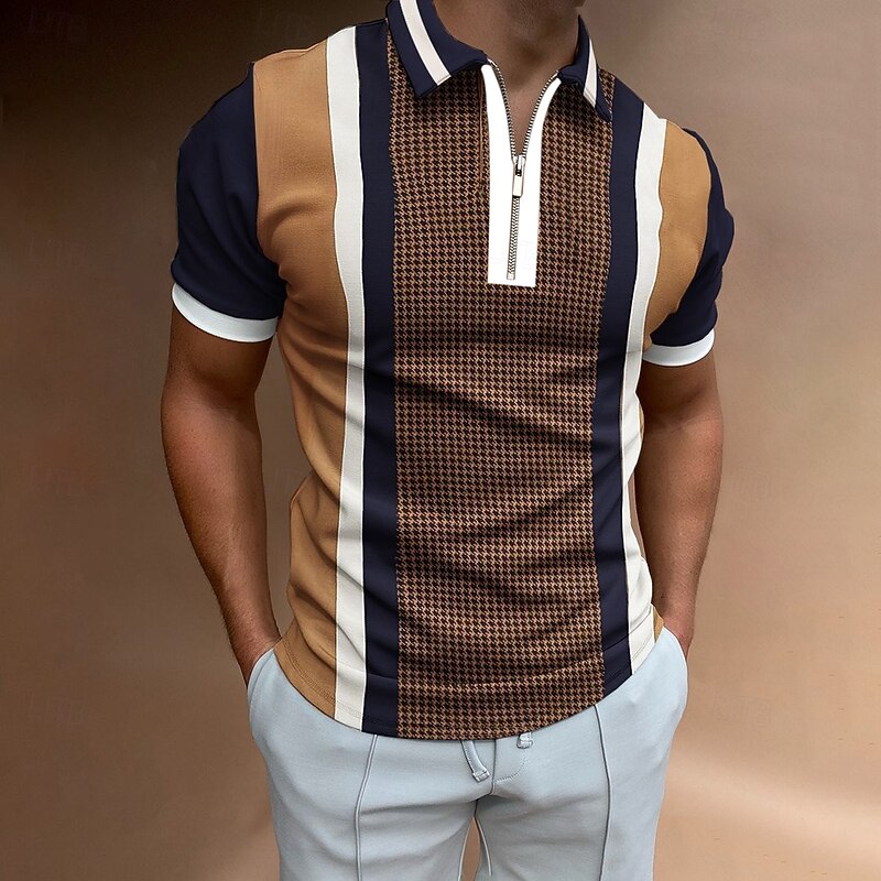 Men's Striped Zip Polo Shirts Golf Shirt Short Sleeve Polo Shirts Collared Shirts Business Casual WorkWear Formal Wear Festival Wear 3D Print Quarter Zip Polo Black Pink Purple4